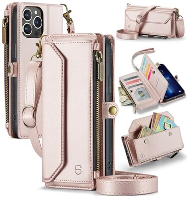 Strapurs Wallet Case Compatible with iPhone 13 Pro Max RFID Blocking 10Card Holder Soft PU Leather Magnetic Snap Shoulder Strap Zipper Pocket Phone Case Fit for iPhone 13 Pro Max Rose Gold