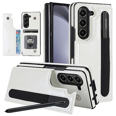XIMAND for Samsung Galaxy Z Fold 5 Wallet Case with Credit Card Holder and SPen HolderFold Premium Leather Magnetic Clasp Kickstand Heavy Duty Protective CoverWhite