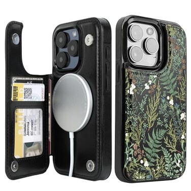 uCOLOR for iPhone 15 Pro 61 Wallet Case Magsafe with Card Holder SlotCompatible with MagSafe Folio Flip PU Leather Double Magnetic RFID Design with Camera Lens Protector Ferns
