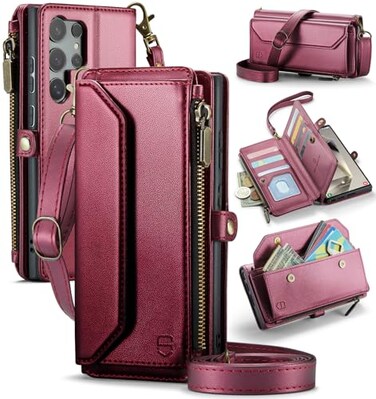 Strapurs Wallet Case Compatible with Samsung Galaxy S24 Ultra 5G RFID Blocking 10Card Holder Soft PU Leather Magnetic Snap Strap Zipper Pocket Phone Case Fit for Galaxy S24 Ultra Wine Red