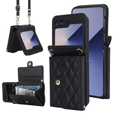 XIMAND for Samsung Galaxy Z Flip 6 Accordion Crossbody Wallet Case 4 Card Slots RFID Blocking and Adjustable Strap Stylish and Versatile Accessory for The Modern Chic Woman Black