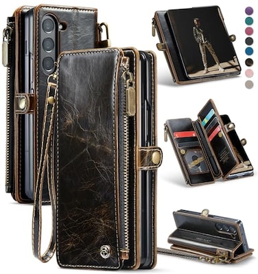 Defencase Wallet Case Compatible with Samsung Galaxy Z Fold 6 with RFID Blocking Card Holder S Pen Holder Slot PU Leather Magnetic Snap Flip Zipper Strap Phone Case Fit for Galaxy Z Fold 6 Coffee
