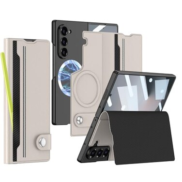 XIMAND for Samsung Galaxy Z Fold 6 Leather Case with Card Slots Kickstand AntiShock Magnetic Buckle Compatible with Magsafe Magnetic Wireless ChargingTitanium Grey