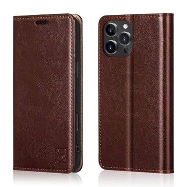 Belemay Compatible with iPhone 16 Pro Max Case Wallet Durable Genuine Leather RFID Blocking Card Holders Shockproof TPU Shell Kickstand Drop Protection Protective Flip Cover 69 Brown
