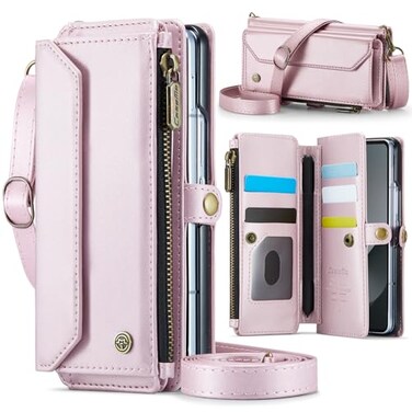 WAWZ for Samsung Galaxy Z Fold 6 Case Women Men MultiFunction Wallet Case with Stand RFID Blocking Featuring Magnetic Closure Zipper Includes Shoulder Strap Wrist Strap Pink Z Fold 6