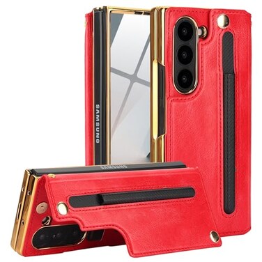 XIMAND for Samsung Galaxy Z Fold 6 Wallet Case with SPen Holder and Credit Card Holder Builtin Front Screen Flim ProtectorLuxurious Leather Magnetic Clasp KickstandRed