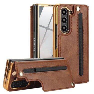 XIMAND for Samsung Galaxy Z Fold 6 Wallet Case with SPen Holder and Credit Card Holder Builtin Front Screen Flim ProtectorLuxurious Leather Magnetic Clasp KickstandBrown