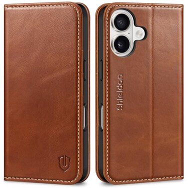 SHIELDON Case for iPhone 16 5G 61 Genuine Leather Wallet Flip Magnetic Closure Cover RFID Blocking Credit Card Holder Kickstand TPU Shockproof Case Compatible with iPhone 16 2024 Retro Brown