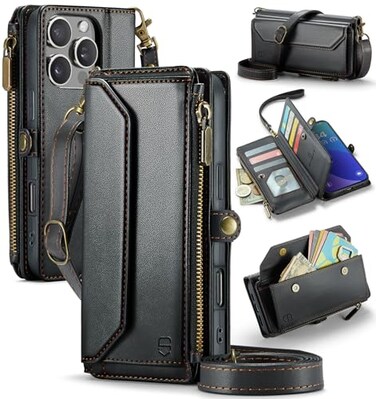 Strapurs Wallet Case Compatible with iPhone 16 Pro Max 69 RFID Blocking 10Card Holder Soft PU Leather Magnetic Snap Shoulder Strap Zipper Pocket Phone Case Fit for iPhone 16 Pro Max Black