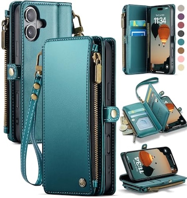 Defencase Compatible with iPhone 16 Case Wallet with RFID Blocking Card Holder for Women Men Fashion PU Leather Magnetic Snap Flip Zipper Strap Wallet Phone Case for iPhone 16 61 Blue Green