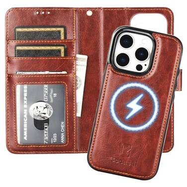 Bocasal for iPhone 16 Pro Wallet Case Compatible with MagSafe Wireless Charging RFID Blocking Magnetic Leather Case with Card Slots Holder Kickstand Detachable Wrist Strap 63 Inch Brown
