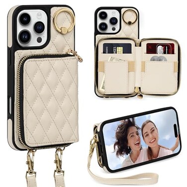 Keallce Case for iPhone 16 Pro 63 Wallet Case Crossbody Zipper Purse with Wristlet for Women RFID Blocking Card Holders 360 Ring Kickstand Flip Leather Case for iPhone 16 Pro Beige