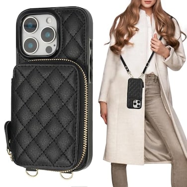 Bocasal Crossbody Wallet Case for iPhone 16 Pro RFID Blocking PU Leather Zipper Handbag Purse Flip Cover Kickstand Folio Case with Card Slots Holder Wrist Strap Lanyard 5G 63 Inch Black