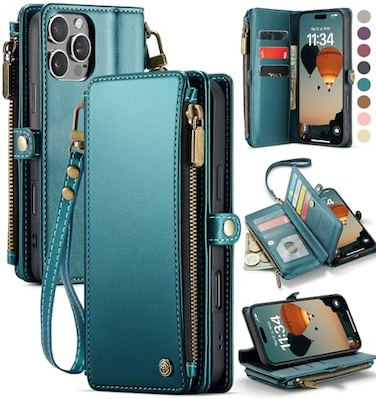 Defencase Compatible with iPhone 16 Pro Case Wallet with RFID Blocking Card Holder for Women Men PU Leather Magnetic Snap Flip Zipper Strap Wallet Phone Case Fit for iPhone 16 Pro 63 Blue Green