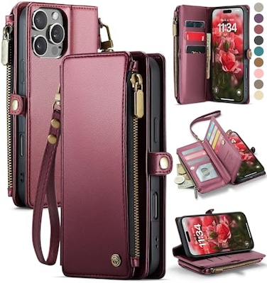 Defencase Compatible with iPhone 16 Pro Max Case Wallet with RFID Blocking Card Holder for Woman PU Leather Magnetic Snap Flip Zipper Strap Wallet Phone Case Fit for iPhone 16 Pro Max 69 Wine Red