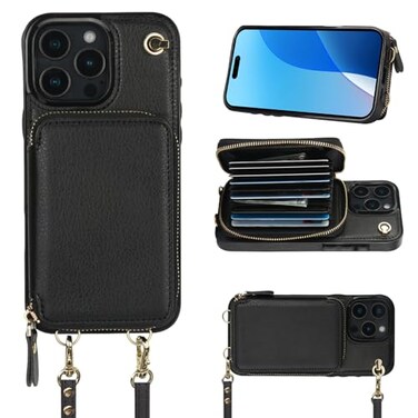 Bocasal Crossbody Wallet Case for iPhone 16 Pro Max RFID Blocking Leather Purse Case with Card Holder Protective Handbag Flip Cover with Zipper Wrist Strap Lanyard for Women 5G 69 Inch Black