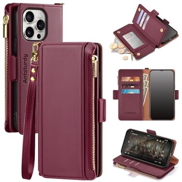 Antsturdy Compatible with iPhone 16 Pro Wallet CaseRFID Blocking PU Leather Phone Case Women Men Kickstand Flip Cover Wrist Strap Zipper Credit Card Holder Slots for Apple 16 Pro 63Wine Red