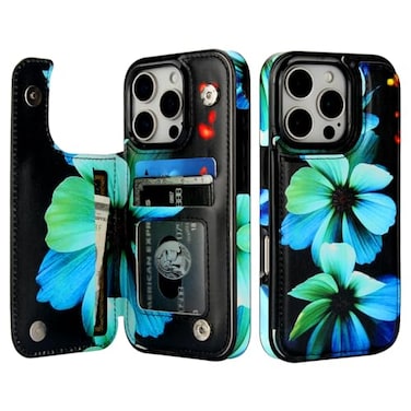 HAOPINSH for iPhone 16 Pro Wallet Case with Card Holder Blue Florals Pattern Back Flip Folio PU Leather Kickstand Card Slots Case for Women Girls Double Magnetic Clasp Shockproof Cover 63