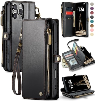 Defencase Compatible with iPhone 16 Pro Max Case Wallet with RFID Blocking Card Holder for Woman Men PU Leather Magnetic Snap Flip Zipper Strap Wallet Phone Case Fit for iPhone 16 Pro Max 69 Black