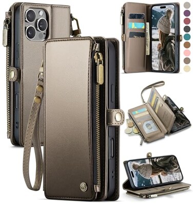 Defencase Compatible with iPhone 16 Pro Max Case Wallet with RFID Blocking Card Holder for Woman Men PU Leather Magnetic Snap Flip Zipper Strap Phone Case for iPhone 16 Pro Max 69 Desert Titanium