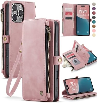 Defencase Compatible with iPhone 16 Pro Case Wallet with RFID Blocking Card Holder for Women Men PU Leather Magnetic Snap Flip Zipper Strap Wallet Phone Case Fit for iPhone 16 Pro 63 Rose Pink