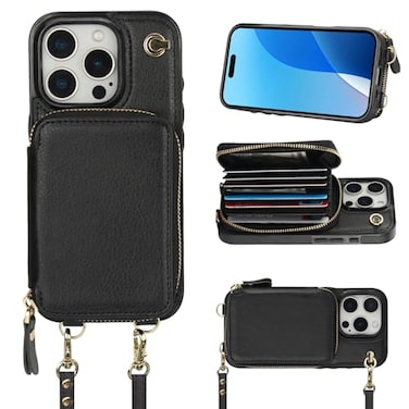 Bocasal Crossbody Wallet Case for iPhone 16 Pro RFID Blocking Leather Purse Case with Card Holder Protective Handbag Flip Cover with Zipper Wrist Strap Lanyard for Women 5G 63 Inch Black