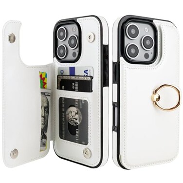 ONETOP for iPhone 16 Pro Wallet Case with Card Holder 360 Rotation Ring Kickstand RFID Blocking PU Leather Double Magnetic Clasp Shockproof Cover for Women and Girls 63 Inch White