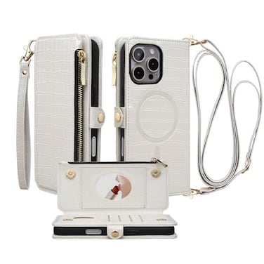 Stylivolve Crossbody Wallet Case for iPhone 16 Pro Max with Mirror Wrist Strap Zipper Purse Magnetic Flip RFID Blocking Card Holder Wireless Charging PU Leather Shockproof 69 Women White