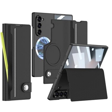 XIMAND for Samsung Galaxy Z Fold 6 Leather Case with Card Slots Kickstand AntiShock Magnetic Buckle Compatible with Magsafe Magnetic Wireless ChargingBlack