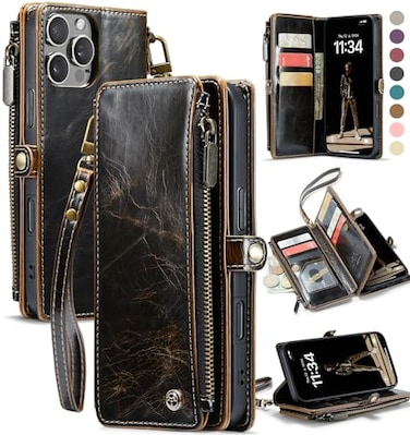 Defencase Compatible with iPhone 16 Pro Max Case Wallet with RFID Blocking Card Holder for Woman Men PU Leather Magnetic Snap Flip Zipper Strap Wallet Phone Case for iPhone 16 Pro Max 69 Coffee