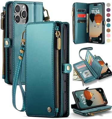 Defencase Compatible with iPhone 16 Pro Max Case Wallet with RFID Blocking Card Holder for Woman PU Leather Magnetic Snap Flip Zipper Strap Wallet Phone Case for iPhone 16 Pro Max 69 Blue Green