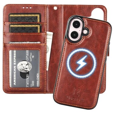 Bocasal for iPhone 16 Wallet Case Compatible with MagSafe Wireless Charging RFID Blocking Magnetic Leather Case with Card Slots Holder Kickstand Detachable Wrist Strap 61 Inch Brown