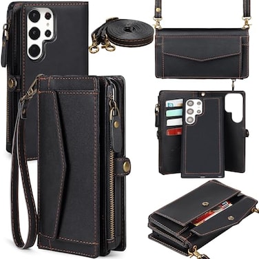 DKDKSIP for Samsung Galaxy S25 Ultra Wallet Case for Women Men Wireless Charging with RFID Blocking Card Holder PU Leather Crossbody Strap Detachable Magnetic Phone Shell Purse Black