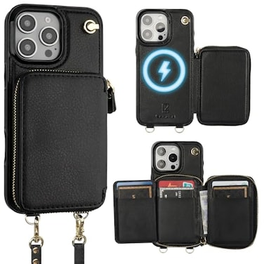 Bocasal for MagSafe Crossbody Wallet Case Compatible with iPhone 16 Pro Max RFID Blocking Protective Purse Case with Card Slots Holder Kickstand Wrist Strap Lanyard Zipper 69 Inch 5G Black