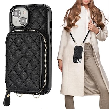 Bocasal Crossbody Wallet Case for iPhone 15 RFID Blocking PU Leather Zipper Handbag Purse Flip Cover Kickstand Folio Case with Card Slots Holder Wrist Strap Lanyard 5G 61 Inch Black