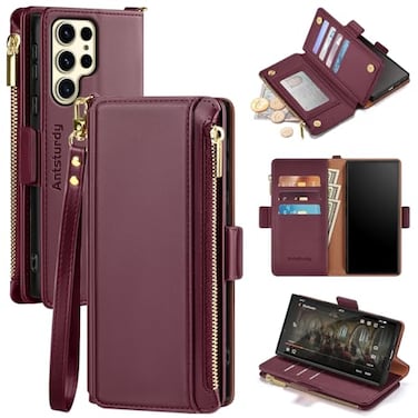 Antsturdy Compatible with Samsung Galaxy S25 Ultra Wallet Case with Card HolderPU Leather Phone Case Flip Protective Cover RFID Blocking Wrist Strap Credit Card Slots Kickstand Men WomenWine Red