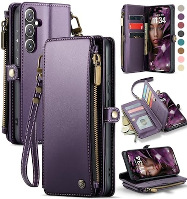Defencase Compatible with Samsung Galaxy S24 FE Case Wallet with RFID Blocking Card Holder for Women Men PU Leather Magnetic Snap Flip Zipper Strap Wallet Phone Case for Galaxy S24 FE 5G 67 Purple