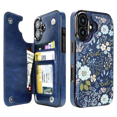 uCOLOR for iPhone 16 Wallet Case with Card Holder PU Leather RFID Blocking iPhone 16 Case Wallet Folio Flip Case for Women Men Magnetic Clasp Kickstand Design 61 Blue Daisy