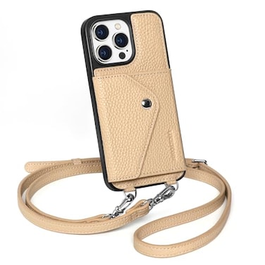 LUCKYCOIN Crossbody Phone Case for iPhone 14 Pro Max100 Genuine Leather Phone Wallet Case for Women Premium HandsFree Phone Purse with Expandable Flip Card Holder Adjustable Strap Pebble Beige