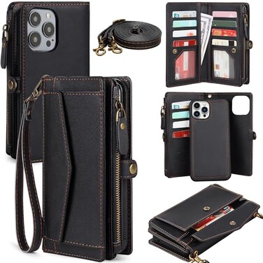 DKDKSIP for iPhone 16 Pro Wallet Case for Women Support Wireless Charging with RFID Blocking Card Holder PU Leather Wallet Detachable Magnetic Phone Case Crossbody Strap Black