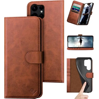 DuckSky compatible with Samsung Galaxy S25 Ultra Genuine Leather Wallet caseRFID Blocking4 Credit Card HolderReal LeatherFlip Folio Book Phone case Cover Women Men for S25 Ultra case Light Brown
