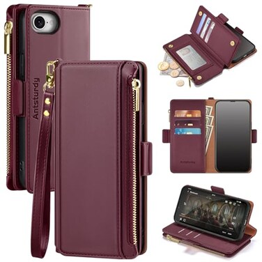 Antsturdy Compatible with iPhone 17e 16e Wallet CaseRFID Blocking PU Leather Phone Case Women Men Kickstand flip Cover Wrist Strap Zipper Credit Card Holder Slots for Apple 17e 16eWine Red
