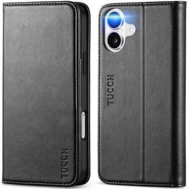 TUCCH Case Wallet for iPhone 16 Plus 3 Card Holder Slots Folio PU Leather Cover RFID Blocking Stand Flip TPU Shockproof Interior Case Compatible with iPhone 16 Plus Black