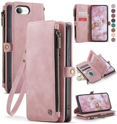 Defencase for iPhone 16E17E Case Wallet with RFID Blocking Card Holder Slots for Women Men Elegant PU Leather Magnetic Snap Flip Wristlet Strap Zipper Wallet Phone Cases for iPhone 17e 16e Pink