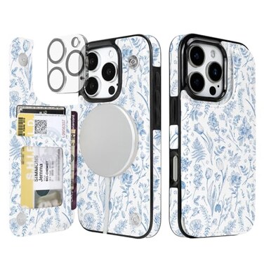 uCOLOR for iPhone 16 Pro Wallet Case Magsafe with Card Holder SlotCompatible with MagSafe Folio Flip PU Leather Design with Camera Lens Protector 63Blue Toile Flowers