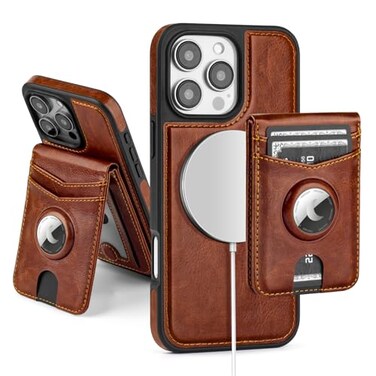 SkyEagle Compatible with MagSafe iPhone 16 Pro Case Wallet with AirTag Holder2 in 1 PU Leather Magnetic Detachable RFID Blocking Credit Card Holder Flip Cover Kickstand for Men WomenBrown