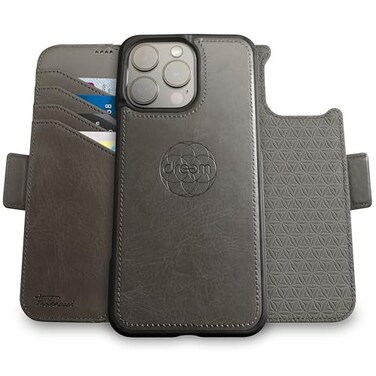 Dreem Wallet Case for iPhone 16 Pro Max Revolutionary VertHor Phone Stand Magnetic Detachable Vegan Leather Flip Cover RFID Blocking Card Holder MagSafeFit Gift Box Fibonacci Grey