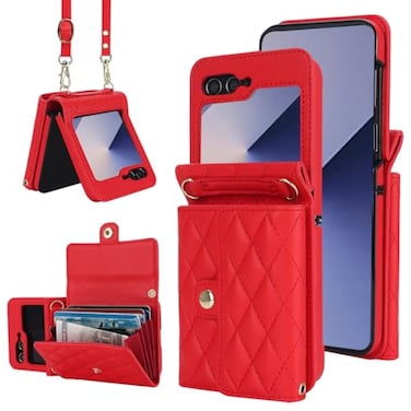 XIMAND for Samsung Galaxy Z Flip 6 Accordion Crossbody Wallet Case 4 Card Slots RFID Blocking and Adjustable Strap Stylish and Versatile Accessory for The Modern Chic Woman Red