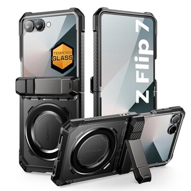 SUPCASE for Samsung Galaxy Z Flip 7 Case with Stand Front Screen Protector Unicorn Beetle Grip Support MagSafe Hinge Protection Full Body MilitaryGrade Translucent Back Phone Cover Black