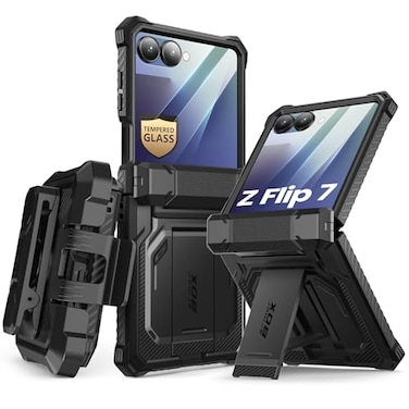 i-Blason iBlason for Samsung Galaxy Z Flip 7 Case with Stand Front Tempered Glass Screen Protector Hinge Protection BeltClip FullBody Military Protection Case for Samsung Z Flip 7 Armorbox Black